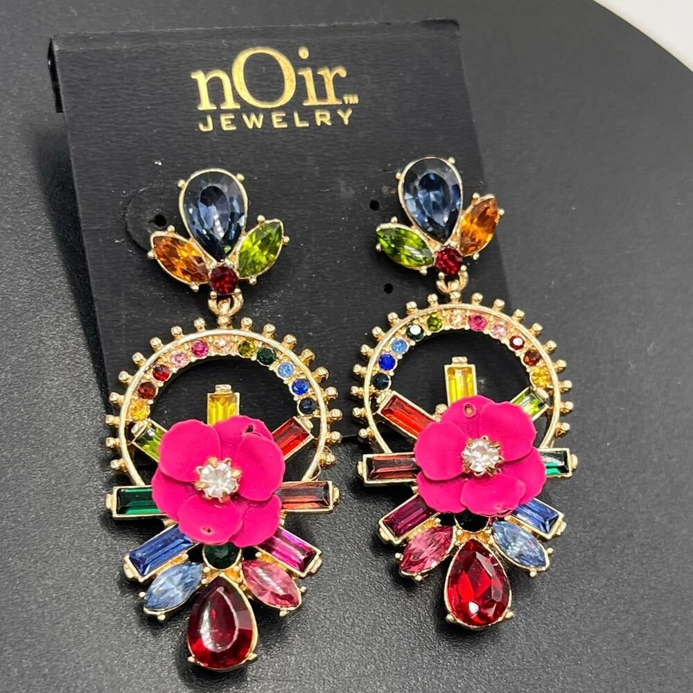 Noir Jewelry Multicolor Rhinestone Pink‎ Flower Floral Dangle Earrings New